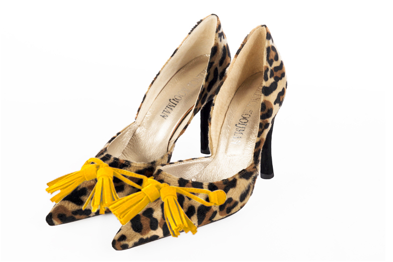 Safari black and yellow women's open arch dress pumps. Pointed toe. Very high slim heel. Front view - Florence KOOIJMAN
